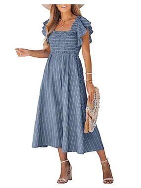 CUPSHE Women's Square Neck Striped Smocked Dress Ruffled Cap Sleeves A Line